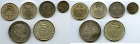 6-Piece Lot of Uncertified Assorted Issues, 1) Germany: Wilhelm II 50 Pfennig 1898-A - XF, Berlin mint, KM15. 20mm. 2.77gm. 2) Baden: Friedrich I 2 Ma...