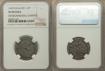 William & Mary tin Farthing 1690 XF Details (Environmental Damage) NGC, KM466.1, S-3451. A scarce type in any grade. From the Engelen Collection of Wo...