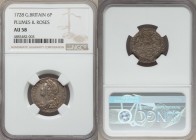 George II 6 Pence 1728 AU58 NGC, KM564.3. S-3707. Plumes & Roses in angles. Light gray-green overall toning with golden highlights in recessed areas o...