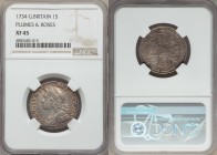 George II Shilling 1734 XF45 NGC, KM561.5, S-3700. Young head with larger lettering in the legends, Roses and plumes in angles. Nice collectible grade...