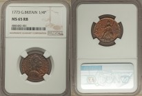 George III Farthing 1773 MS65 Red and Brown NGC, KM602. Mahogany red and brown in color, pure fields and amazing obverse strike, reverse a bit weaker....