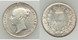 Victoria 6 pence 1858 AU, KM733.1, S-3908. 20mm. 1.81gm. Bright white with no toning, small scuff on neck and hairlines in fields. From the Engelen Co...