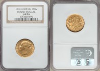 Victoria gold Shipwreck "Shield" Sovereign 1869 AU58 NGC, KM735.2. AGW 0.2354 oz. Recovered from the Douro shipwreck, which sank in a collision off th...