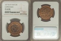 Republic copper Proof Essai 20 Centimes 1877 IB-CT PR64 Red and Brown NGC, KM-Pn75. Winged, helmeted head left, within beaded circle / Value, crossed ...