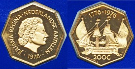 Dutch Colony. Juliana gold Proof 200 Gulden 1976-FM, Franklin mint, KM16. Comes in the original Franklin mint packaging with the case of issue and COA...