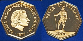 Dutch Colony. Juliana gold Proof 200 Gulden 1977-FM, Franklin mint, KM18. Comes sealed in the original Franklin mint packaging. AGW 0.2300 oz. From th...