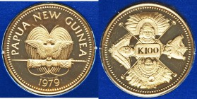 Republic gold Proof 100 Kina 1979-FM, Franklin mint, KM14. Comes in the original Franklin mint holder. AGW 0.2769 oz. From the Engelen Collection of W...