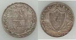 Glarus Canton 15 Schilling (45 Rappen) 1807 VF (obverse flan defect), KM12, DT-95b, HMZ-2-372b. 26mm. 3.65gm. Arms of Glarus flanked by olive and palm...