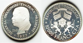 French Mandate Pair of Uncertified Proof Francs 1977 Proof, 1) 10,000 Francs - KM9. Mintage: 150. 45mm. 49.29gm. 2) Piefort 5,000 Francs - KM-P2. Mint...