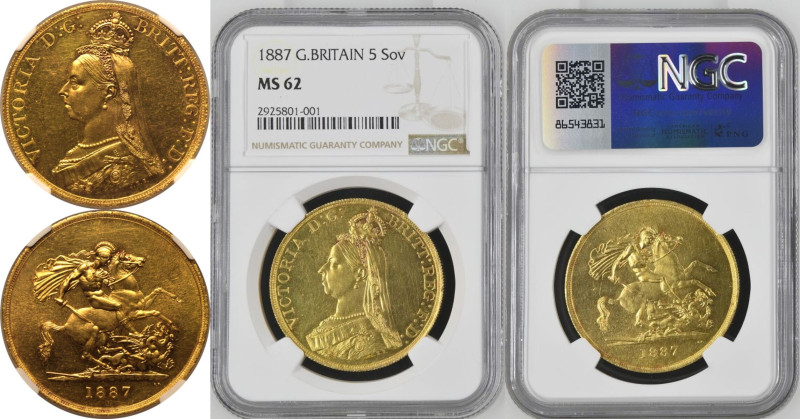 MS 62 | UNITED KINGDOM. Victoria, 1837-1901. 
Gold 5 Pounds (5 Sovereigns), 188...
