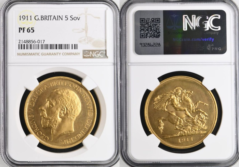PF 65 | UNITED KINGDOM. George V, 1910-36. 
Gold 5 Pounds (5 Sovereigns), 1911....