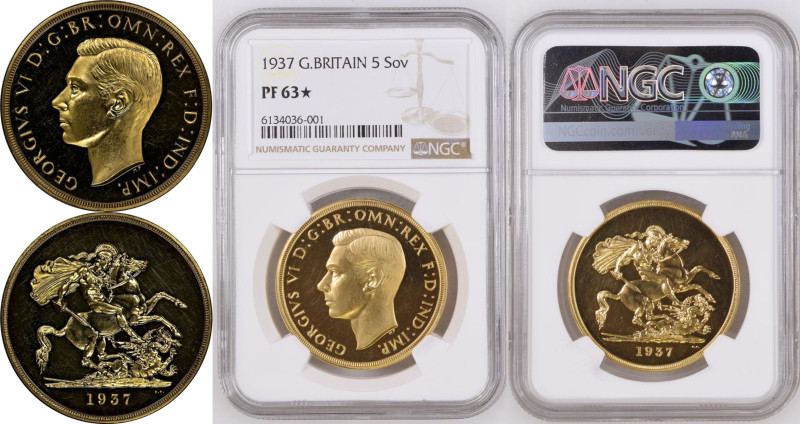 PF 63* | UNITED KINGDOM. George VI, 1936-52. 
Gold 5 Pounds (5 Sovereigns), 193...