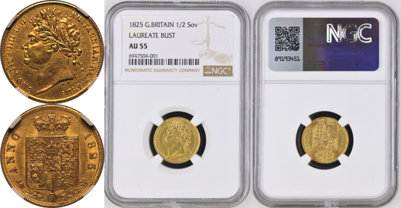 AU 55 | UNITED KINGDOM. George IV, 1820-30. 
Gold Half-Sovereign, 1825. London....