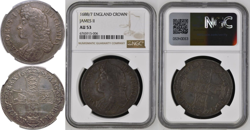 AU 53 | ENGLAND. James II, 1685-88. 
Silver Crown, 1688/7. London. 
Second lau...