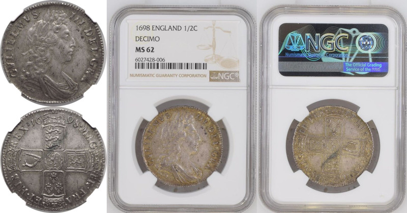 MS 62 | ENGLAND. William III, 1694-1702. 
Silver Halfcrown, 1698. London. DECIM...