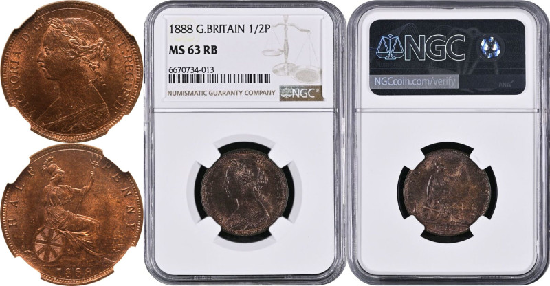 MS 63 RB | UNITED KINGDOM. Victoria, 1837-1901. 
Bronze Halfpenny, 1888. Royal ...