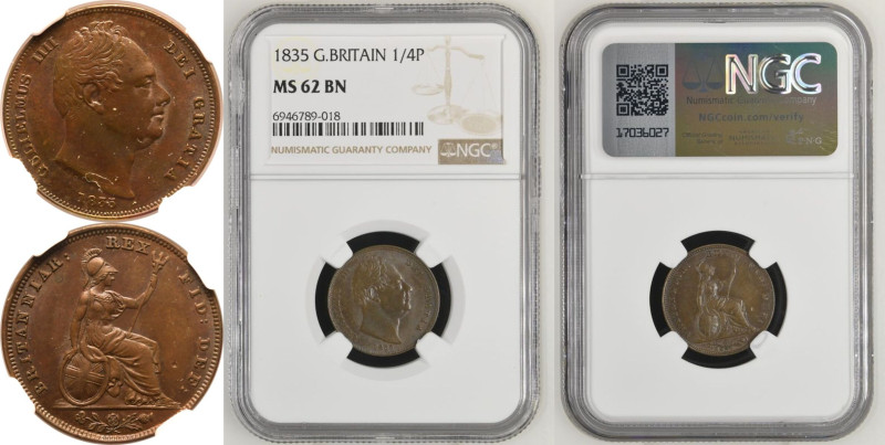MS 62 BN | UNITED KINGDOM. William IV. 
Copper Farthing, 1835. Royal Mint. 
Ob...