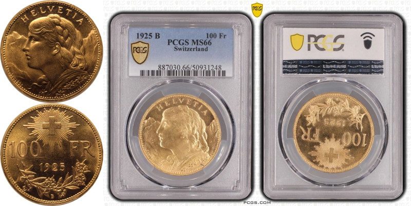 MS66 | SWITZERLAND. Federal State. 
Gold 100 Francs, 1925. Bern. 
Obv: Bust of...