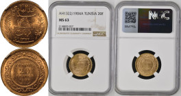 Tunisia Muhammad IV AH 1322 (1904) Gold 20 Francs NGC MS 63