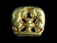 A FINE ROMAN SILVER AND GOLD FIGURAL ORNAMENT
Circa 3rd century AD.
A finely worked small ornament in the form of two rampant panthers flanking a krat...