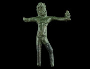 A ROMAN BRONZE STATUETTE OF ZEUS/JUPITER
Circa 2nd-3rd century AD.
Zeus/Jupiter, the supreme god of the Roman pantheon, is shown nude, with long beard...