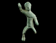 A ROMAN BRONZE STATUETTE OF A THRACIAN HORSEMAN
Circa 2nd-3rd century AD.
The hero with long hair tied into a knot at the back of the head is shown we...