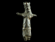 A MEDIEVAL GILT BRONZE CORPUS OF CHRIST
Circa 12th-13th century AD.
Expressive figure of crucified Christ from a processional cross. Christ is depicte...