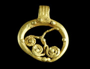A ROMAN GOLD LUNULA PENDANT
Circa 2nd-3rd century AD.
Crescent moon shaped (amulet) pendant, further adorned with twisted gold wire and granulation. W...