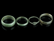 A BYZANTINE AND THREE EARLY MODERN BRONZE RINGS
Circa 5th-7th century, and 17th-18th century AD.
A small Byzantine ring with a round bezel decorated w...