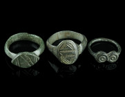 A BYZANTINE AND THREE MEDIEVAL/EARLY MODERN BRONZE RINGS
Circa 5th-7th century, and 14th-17th century AD.
A small Byzantine ring with a double round b...