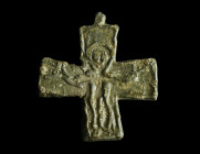 A BYZANTINE LEAD CROSS PENDANT
Circa 9th-12th century AD.
Small cross pendant depicting Christ crucified in an abstracted manner. On the reverse, a pa...
