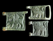 A GROUP OF THREE BRONZE BELT BUCKLES WITH ANIMALS
Circa 9th-11th century AD.
Byzantine/First Bulgarian Empire. Rectangular plates from belt buckles wi...
