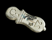 A BYZANTINE SILVER BELT FITTING
Circa 6th-7th century AD.
Fitting of composite shape with incised decoration. Some deposits.
L 31 mm Ex European priva...