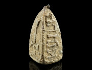 A BYZANTINE LEAD IMPLEMENT/TOOL
Circa 10th-13th century AD.
Pyramidal lead object with remains of iron for suspension at the top and bottom. Possibly ...