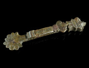 AN OTTOMAN BRONZE POCKET COIN SCALE
Circa 16th-18th century AD.
Consisting of two pieces that were originally hinged together with an iron axis bar (o...