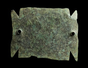 A SMALL ROMAN BRONZE TABULA ANSATA WITH INSCRIPTION
Circa 1st-3rd century AD.
Plaque made of bronze sheet with a punched, abbreviated inscription. Pro...