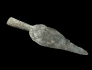 A ROMAN SILVER VOTIVE SPEAR HEAD
Circa 1st-3rd century AD.
With leaf-shaped blade; remains of a bronze shaft in the socket. Blade somewhat damaged.
L ...