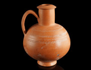A DECORATED ROMAN RED SLIP WARE JUG
Circa 3rd century AD.
African Red Slip Ware (ARS) jug with globular body, cylindrical neck with flaring mouth, and...