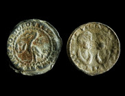 TWO VENETIAN LEAD THERIAC CAPSULE SEALS
Circa 17th century AD.
Two lids from Theriac boxes. One from the Due Mori pharmacy, depicting confronted busts...