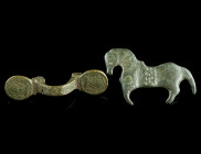 AN EARLY BYZANTINE BROOCH AND A HORSE APPLIQUE
Circa 6th-7th century AD.
An equal-ended brooch decorated with nimbate busts, spring and pin missing; a...