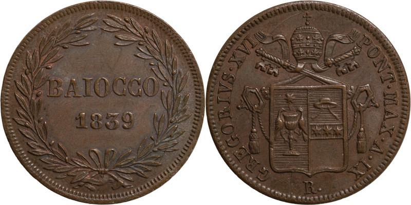 Stato Pontificio , Roma. Gregorio XVI (1831-1846), baiocco 1839. Cu, gr. 10,12. ...