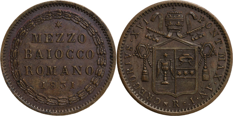 Stato Pontificio, Roma. Gregorio XVI (1831-1846), mezzo baiocco 1831. Cu, gr. 6,...