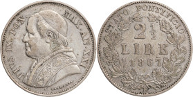 Stato Pontificio, Roma. Pio IX (1846-1878) 2 Lire e mezzo 1867 A:XXI ag 12,47gr pag.552 gig 284 BB

BB