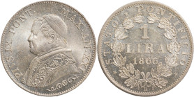 Stato Pontificio, Roma. Pio IX (1846-1878). 1 lira 1866, busto piccolo. Aag, gr. 4,98. Pagani 566. FDC. Eccezionale conservazione.

FDC
