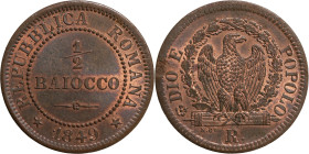 Stato Pontificio , Roma. Pio IX (1846-1878), mezzo baiocco 1849. Cu, gr. 5,12. Pagani 509. SPL

SPL