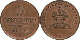 Venezia, Francesco I (1815-1835), 5 centesimi 1822. Cu, gr. 9. Pagani 85. FDC

FDC