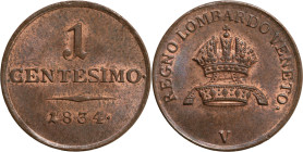 Venezia, Francesco I d'Asburgo-Lorena (1815-1835), 1 centesimo 1834. Cu, gr. 1,72. Pagani 90. FDC Conservazione eccezionale.

FDC