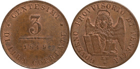 Venezia, Governo provvisorio (1848-1849). 3 centesimi 1849. Cu, gr. 2,86. Pagani 185. q. FDC Notevole conservazione

QFDC