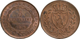 Regno di Sardegna, Carlo Felice (1821-1831). 5 centesimi 1826 Genova. Cu, gr. 10,33. Pagani 126, Gig. 106. FDC. Notevole conservazione, con alcuni rif...