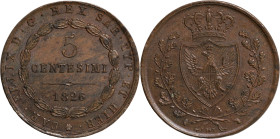 Regno di Sardegna, Carlo Felice (1821-1831). 5 centesimi 1826 Torino. Cu, gr. 9,71. Pagani 127. Ottimo SPL

SPL